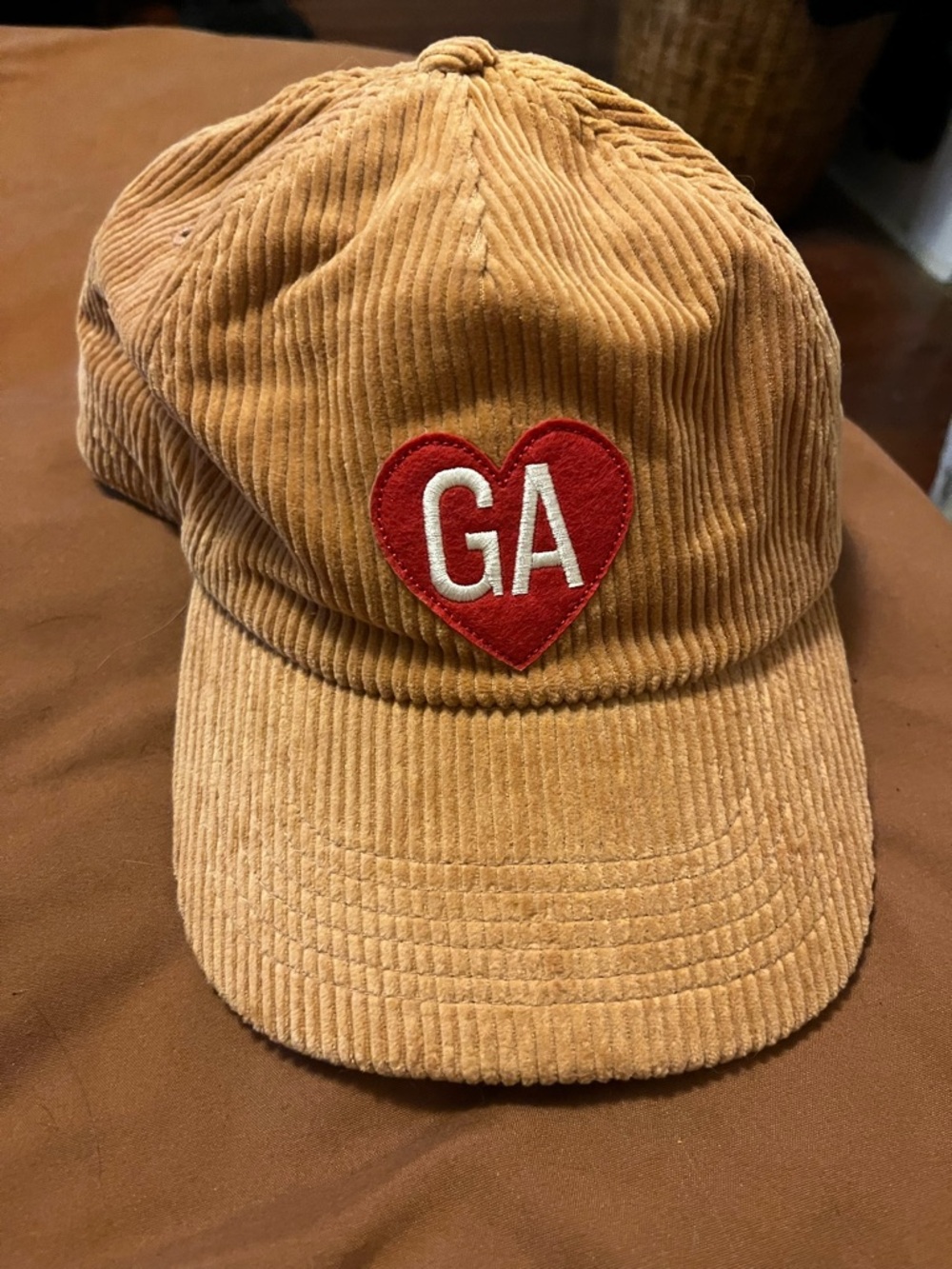 Corduroy Cap with Red Heart 'GA' Patch - Tan